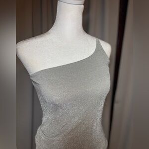 Express silver metallic one shoulder strap bodysuit S NWT
